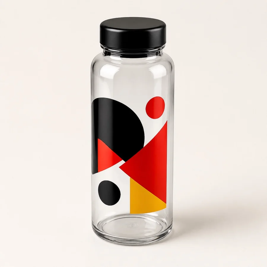 Diseño DTF UV rojo y negro aplicado sobre una botella