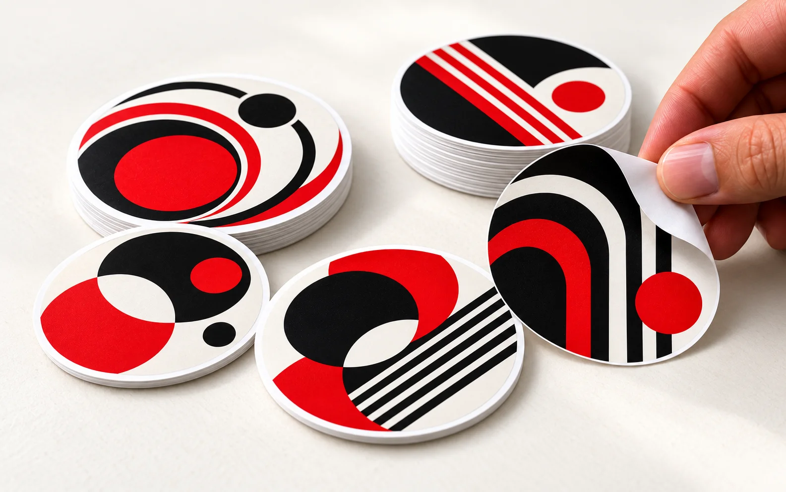 Muestras de stickers circulares y una mano despegando un adhesivo