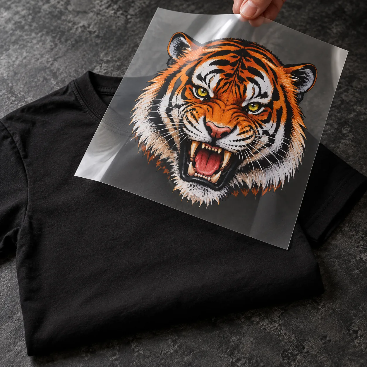 Transfer DTF con un tigre impreso sobre film transparente